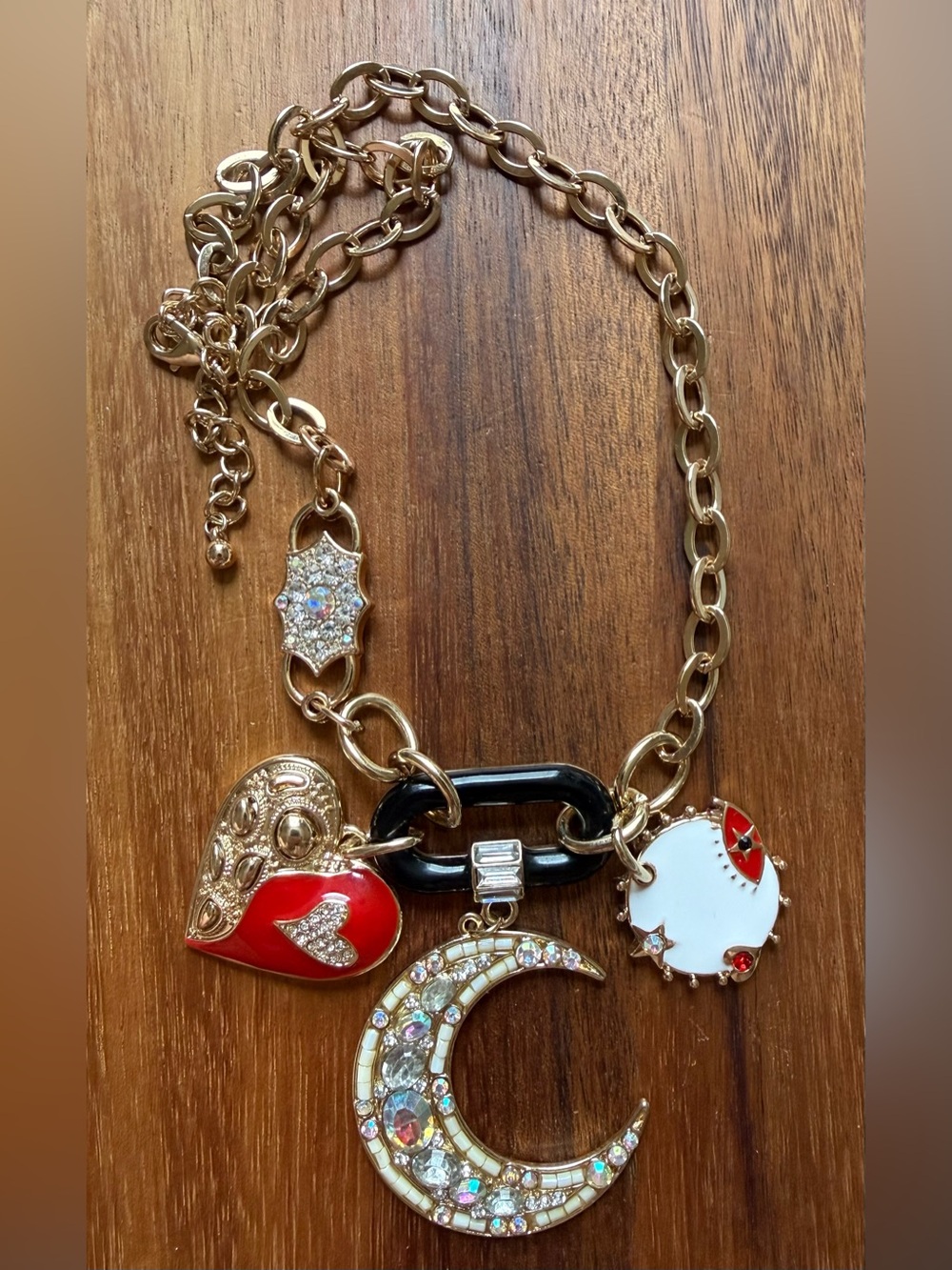 Enamel Gold-Tone Charm Necklace Red Heart, White Pendant & Crystal Crescent Moon